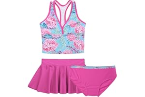Moily Little Big Girls 3 Pcs Printed Swimsuit Sleeveless Racer Back Tank Top with Bottoms Skirts Tankini Set