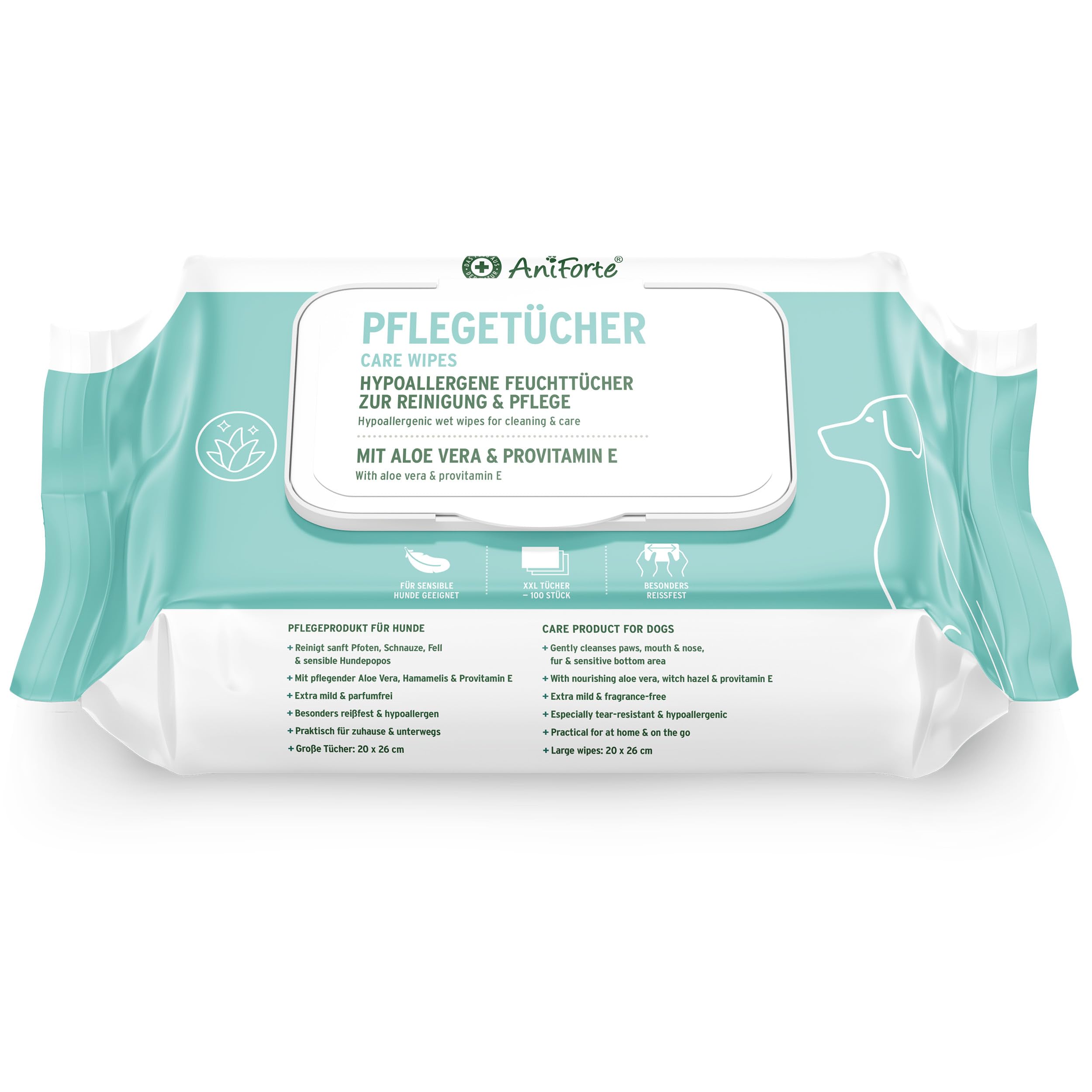AniForte Wet Wipes for Dogs 100 Pack - XXL Natural & Biodegradable Deodorising Cleaning Wipes with Extra Fresh Scent, Hypoallergenic, Extra Mild, Gentle, Non-Tear