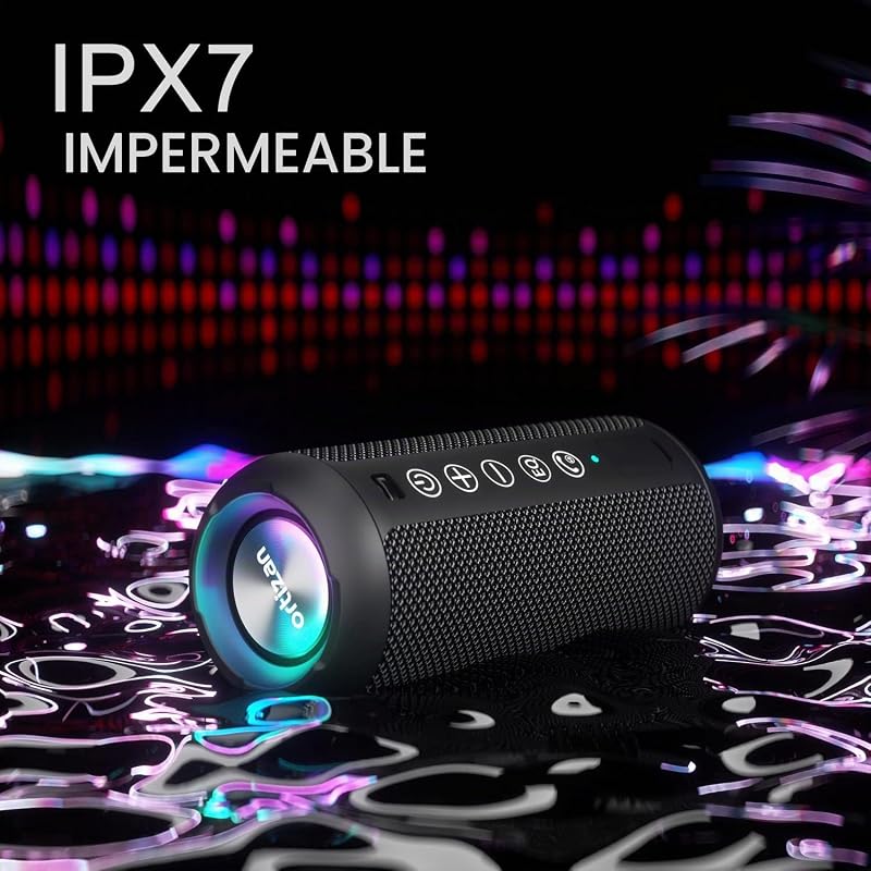 Coluna Bluetooth potente com luz LED, mini caixa de música portátil com função mãos-livres, proteção contra água IPX7 e som surround de 360°, coluna sem fios para