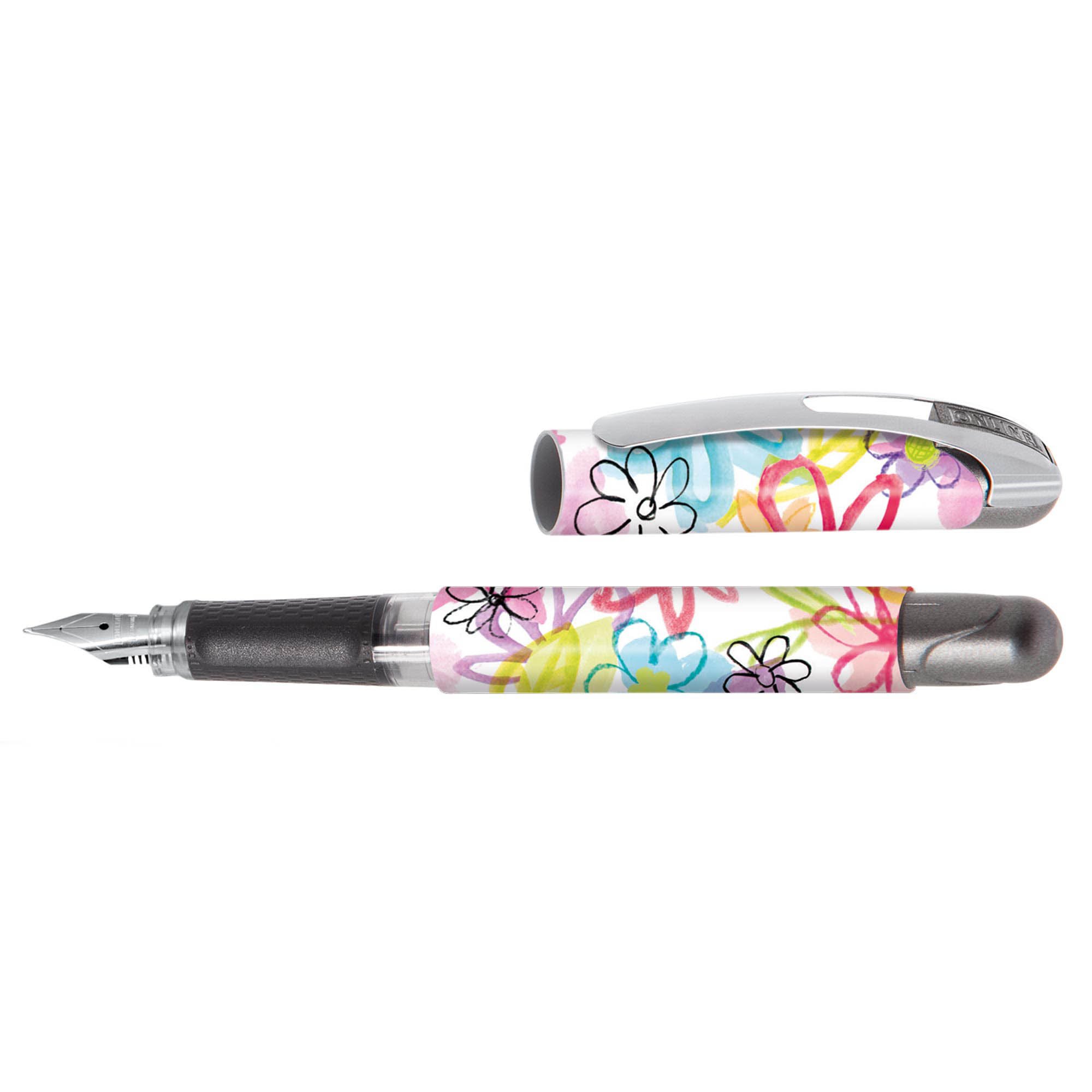 Ergonomic fountain pen for left handed for school/college - ONLINE College Flower Dreams - solid medium nib, soft grip part, for standard ink cartridges, refillable, ideal for beginners/pupils