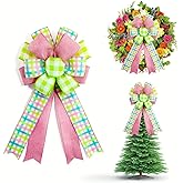 YIPRONS Large Spring Wreath Bow - Pink and Green Buffalo Plaid Floral Burlap Bow for Front Door Decor, Christmas Tree Topper, Indoor Outdoor Spring Home Decorations