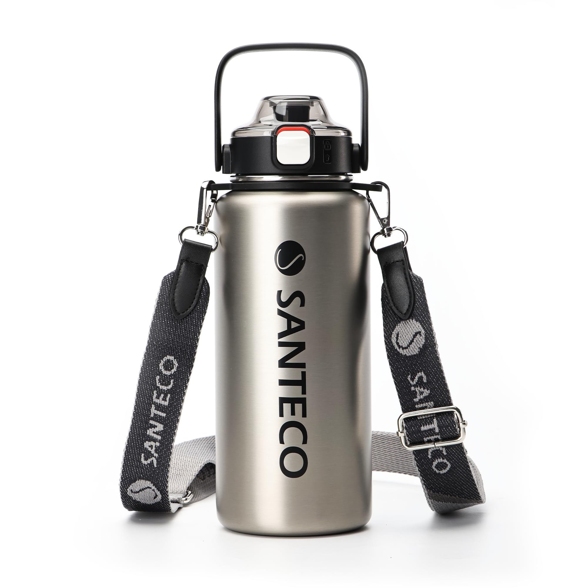 SANTECO 水筒 真空断熱スポーツボトル 1.2L 取りはずしでき肩に 保冷 保温 魔法瓶 ストロー付き 直飲み スポーツドリンク対応 おしゃれ 広口 シルバー