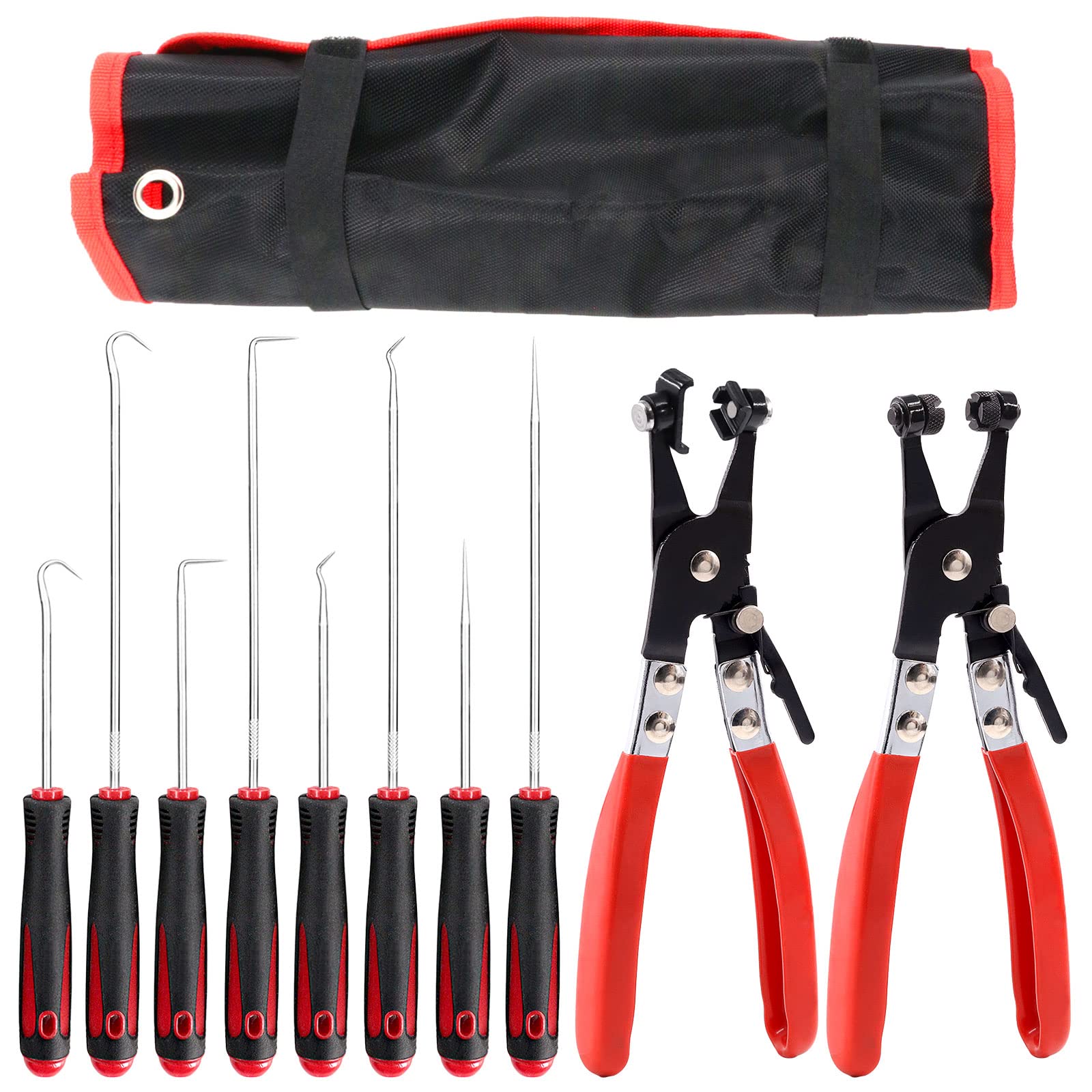 Keadic 10 Pcs Auto Repair Tool kit with Storage Bag, Cross Slotted and Flat Band Hose Hose Clamp Pliers and Heavy Duty Precision Hooks for Installation of Low Radiators and Hose Removal