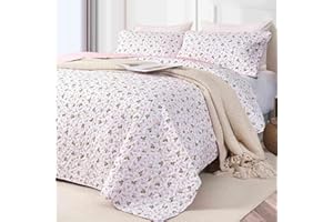 Nanko Quilt Set Queen Full Size 3 Pcs, White and Pink Floral Green Flower Pattern Bedspreads, Soft Lightweight Coverlet Bed Spreads, Farmhouse Thin Quilted Comforter Bedding Sets for Women Girls 90x90