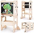 Woodure 4-in-1 Toddler Kitchen Step Stool, Foldable Learning Standing Tower with Blackboard, Wooden Kitchen Stool Helper for Kids, 1-3 Year Old Boy Girl Gifts
