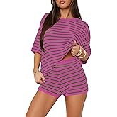 Yousify 2 Piece Sweater Set for Womens Summer Short Sleeve Tops Striped Matching Shorts Lounge Sets S-2XL