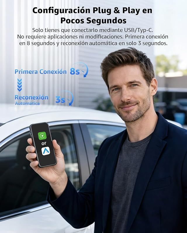 Adaptador CarPlay Inalámbrico y Android Auto, Mini Convertidor USB-A/USB-C Plug & Play, de Cable a Inalámbrico, WiFi 2.4GHz/5GHz, Conexión Automática, para Coches con CarPlay, Negro