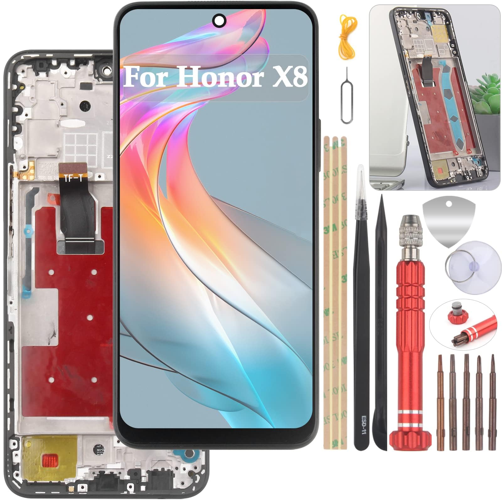 YHX-OU 6.7 Inch Full Screen with Frame for Honor X8 LCD Screen Digitizer Touch Screen Replacement with Installation Tool (Black + Frame)