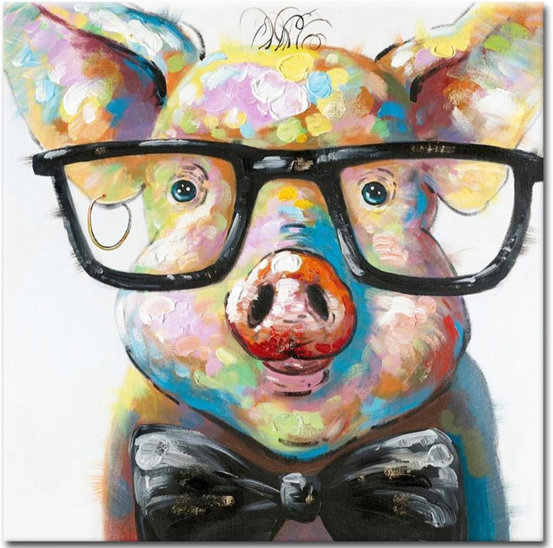 Paintings - Muzagroo Art Lovely Pig with Glasses Paintings for Living Room Canvas Decor Wall Art Large Size Paintings for Wall Stretched Ready to Hang(32x32in)
