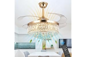 wuyule 42in Crystal Ceiling Fan with Remote, Gold Fandelier Ceiling Fan with Light, 3 Speeds 3 Colors Changes Lighting Fixture, 4 Blades Retractable Chandelier Fan for Bedroom Living Room Dining Room