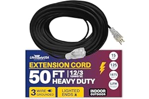 50ft Power Outdoor Extension Cord & Indoor - Waterproof Electric Drop Cord Cable - 3 Prong SJTW, 12 Gauge, 15 AMP, 125 Volts, 1875 Watts, 12/3 by LifeSupplyUSA - Black (1 Pack)