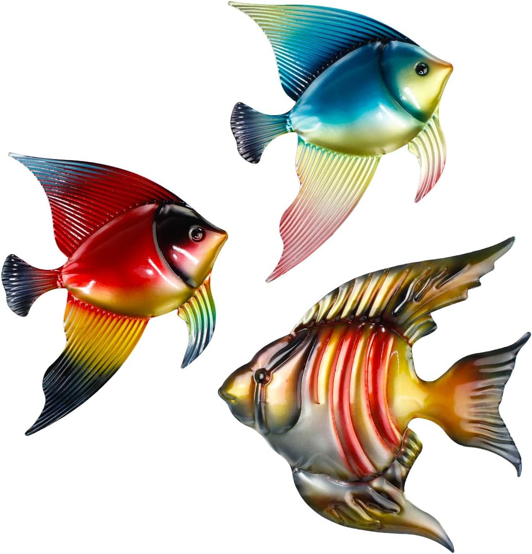 Plaques & Wall Art - FANWNKI Set of 3 Metal Fish Wall Decor Art Outdoor Indoor Sculpture Hanging for Pool Home Porch Fence Garden