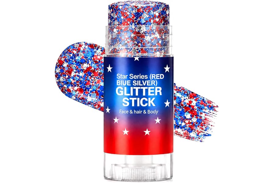 4th of July Body Glitter Stick, Red White and Blue Accessories, Patriotic Hair Face Glitter Makeup for Women Kids, Fourth of July Outfits and Decorations for 250th Independence Day, Memorial Day