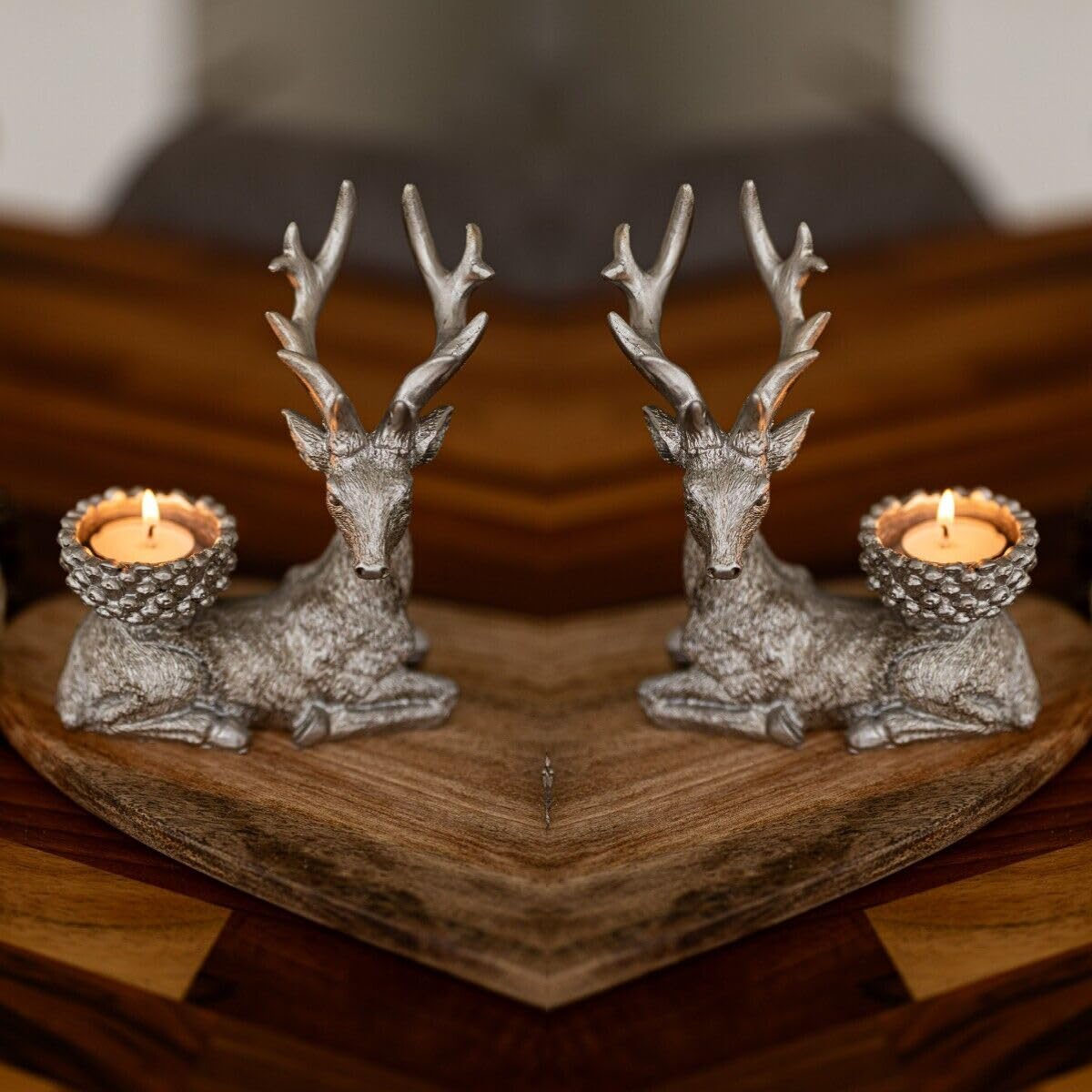 Marco Paul Set of Two Resin Stag Tealight Holders Candle Holder Traditional Decorations - Deer Antler Table Decoration Centrepiece Tea Light Candle Holders Decorative Reindeer Ornament 2pc
