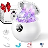 Ultrasonic Retainer Cleaner Machine,45kHz Ultrasonic Cleaner,360°Cleaning for Dentures,Aligner,Mouth Guard,Jewelry,Braces,Toothbrush Heads with 200 ML Dental Cleaning Pod, 3 Modes,White