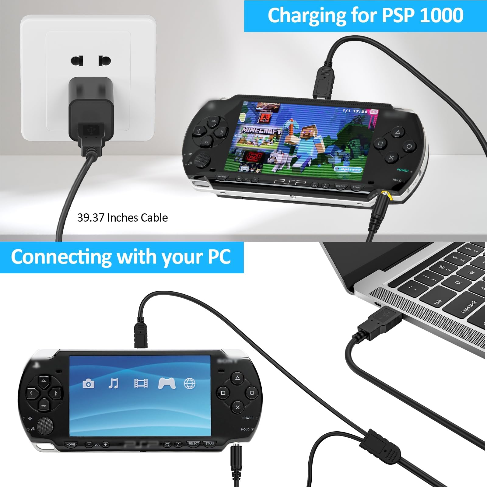 PSP Battery, 2Pcs 3.6v 1800mAh Lithium Polymer Replacement Batteries with USB Charging Cable for PSP 1000 1001, PSP-110 (1002, 1003, 1004, 1005, 1006, 1007, 1008, 1010), PSP Fat Console