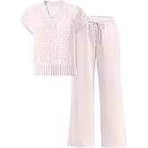 ANRABESS Women 2 Piece Outfits Summer Lounge Sets Crochet Knit Sweater Vest Wide Leg Pants Casual Beach Vacation Clothes