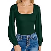 MANGOPOP Square Neck Puff Sleeve Bodysuit Loose Lantern Long Sleeve Body Suit for Women for Going Out
