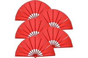 ATTRACME 5PCS Large Chinese Folding Fans for Line Dancing, Clacking Fans for Line Dancing, Foldable Handheld Fans, Popping & Clapping Hand Fans Bulk Set (Red)