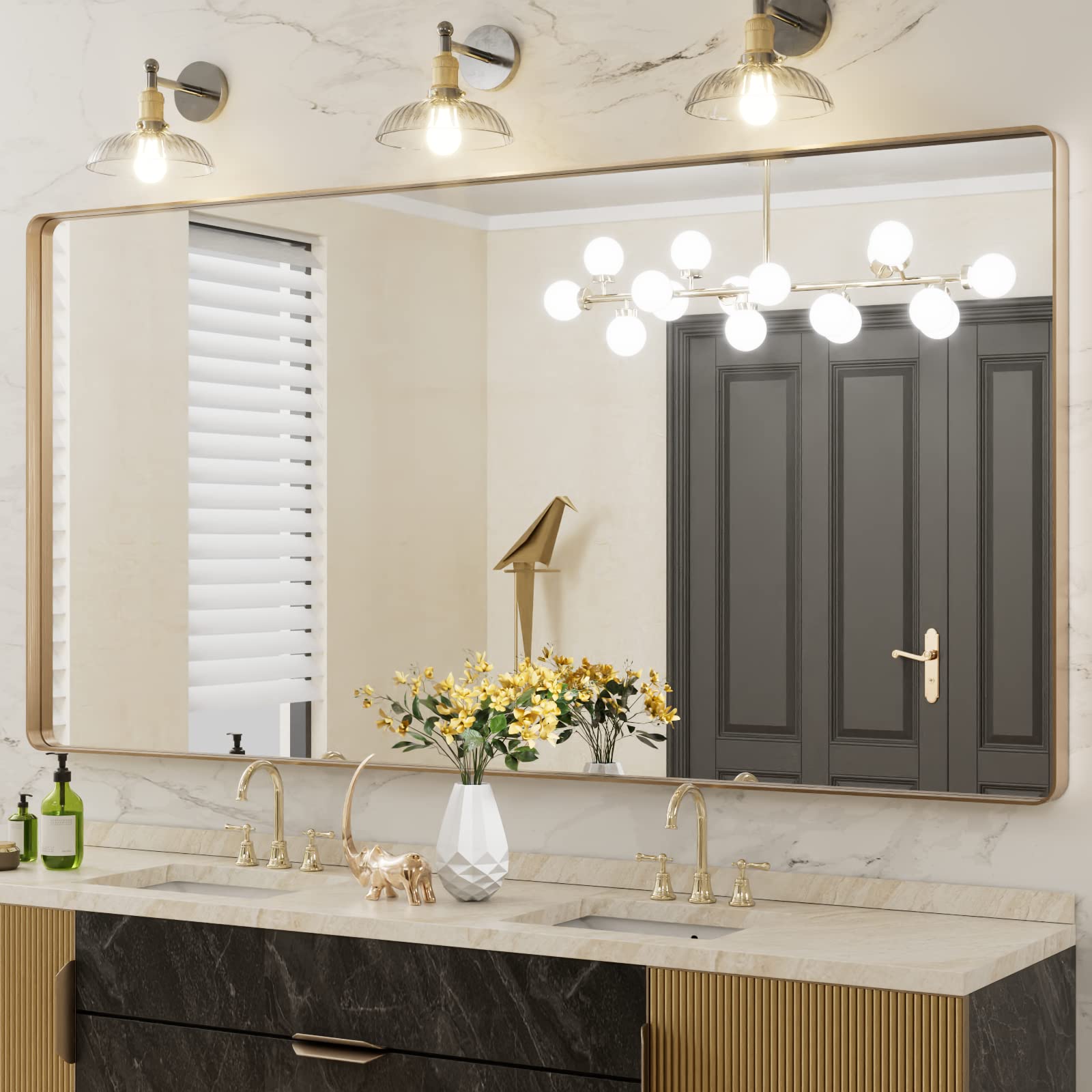 Photo 1 of LOAAO 72”X36” Gold Bathroom Mirror, Rounded Rectangle Gold Frame Mirror, Brushed Gold Bathroom Vanity Mirror Wall-Mounted, Anti-Rust, Tempered Glass, Hangs Horizontally or Vertically 
DAMAGED A TAD see picture below