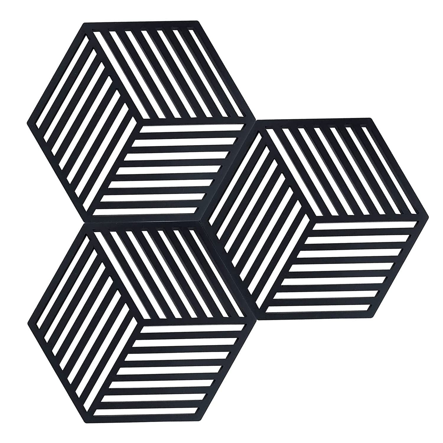 Silicone Trivets for Kitchen Worktops Table Mats Placemats Multi-Purpose Pot Holder, Hot Pads, Spoon Rest for Cooking & Dining Black Coasters Hexagon-Stripe