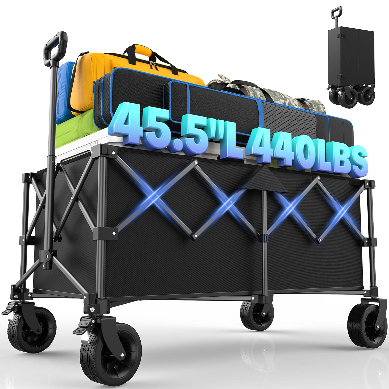 View 1 of 45.5" L Kitsure Collapsible Wagon - Heavy Duty Foldable Wagon with 440lbs Capacity, Adjustable Handle, Shopping Cart with Wheels for Camping, Groceries, Black, 45.5" x 24.0" x 38.0"