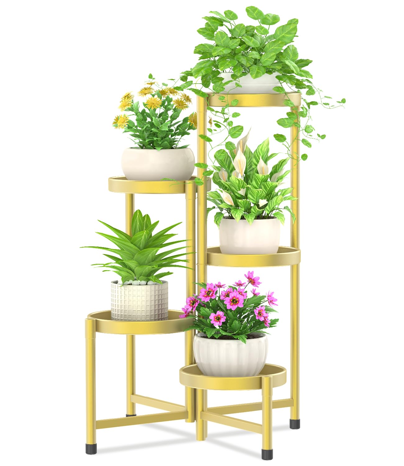 Photo 1 of **t's used, it's missing a part and it's not known if it works 100%.****iDavosic.ly Plant Stand Indoor Outdoor, 5 Tier Corner Metal Flower Display Holder Shelf, Easy Assembly Folding Tall Orchid Rack for Patio Balcony Porch Garden Living Room House, Gold