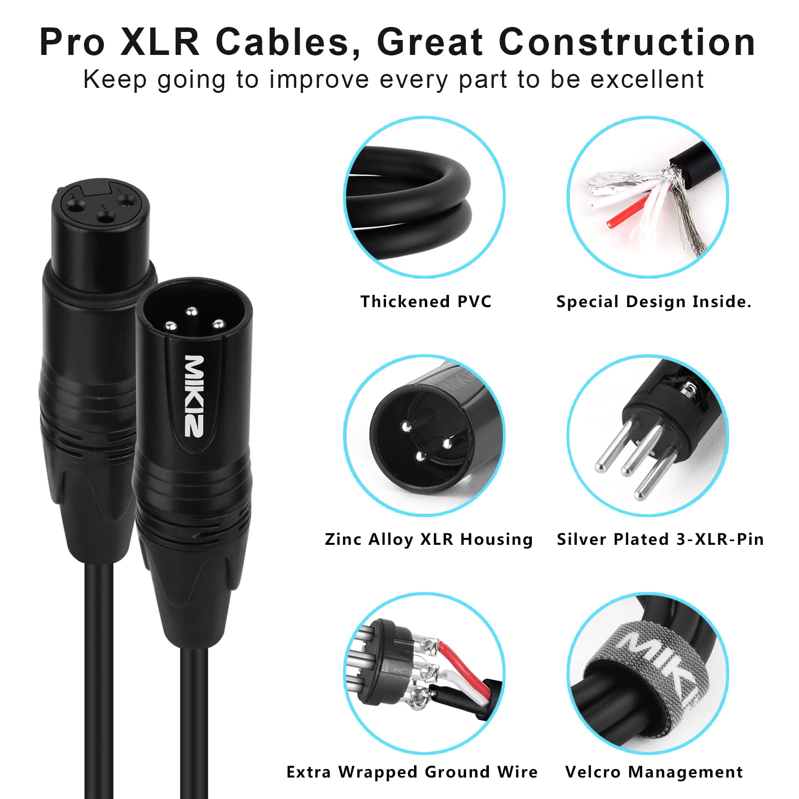 MIKIZ XLR Cables 50 Feet 2 Packs - Premium Balanced Microphone Mic Cord 3 Pin XLR Male to Female 50ft