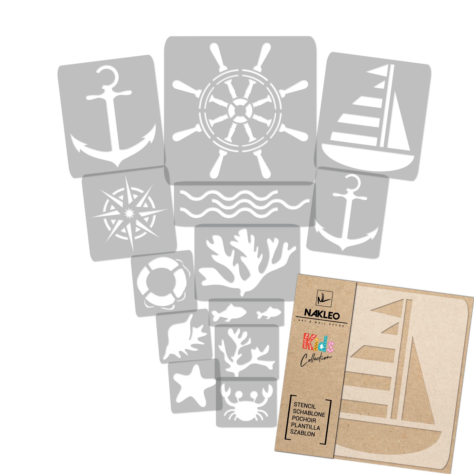 NAKLEO Painting Stencils Set for Kids, 14 Pcs Templates 9x12 to 23x34cm Sea, Plastic and Reusable Drawing Stencils, Children Room Decor, Craft DIY Wall Furniture