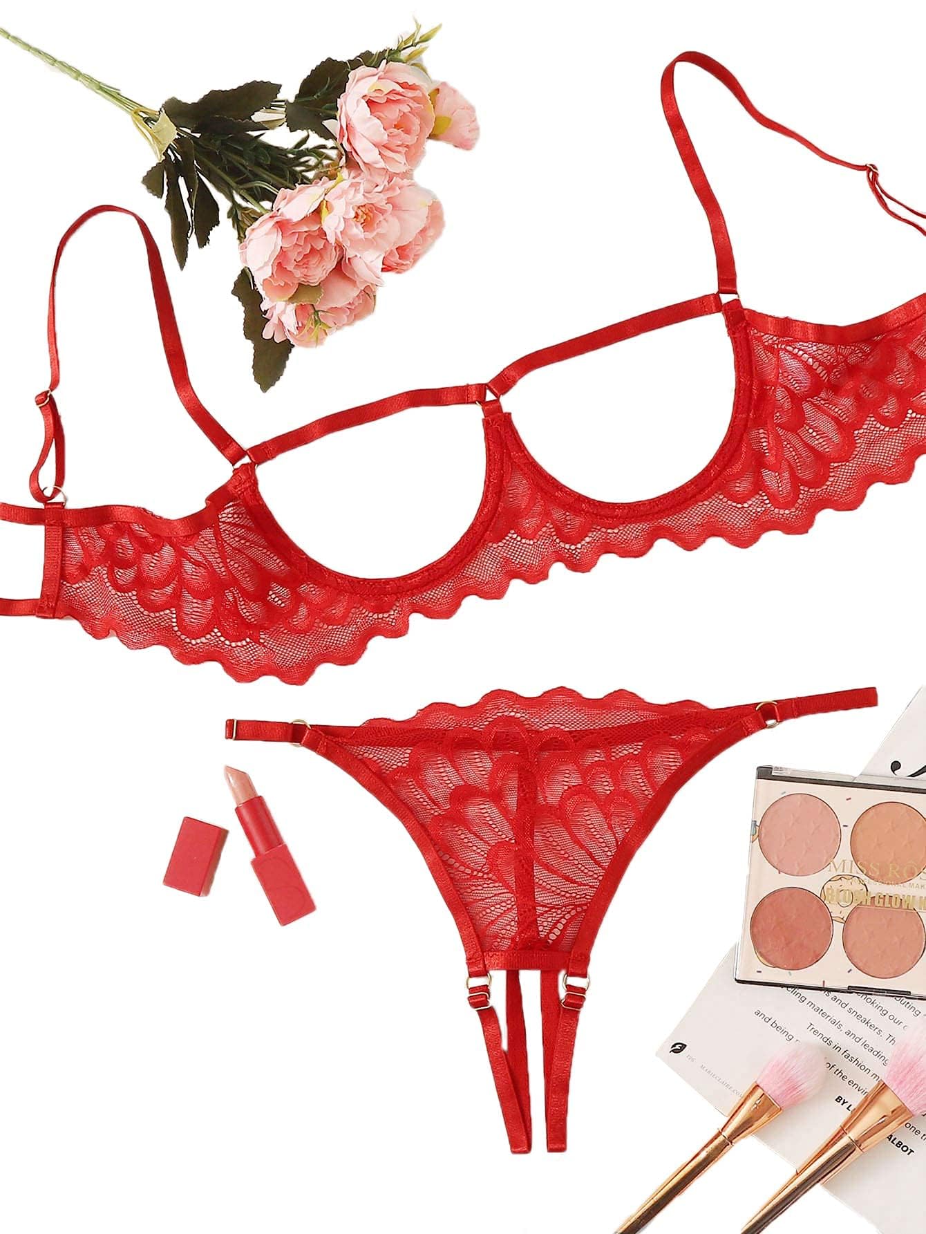 Lilosy Sexy Underwire Floral Lace Sheer Lingerie Set for Women See Through Bra and Panty 2 Piece