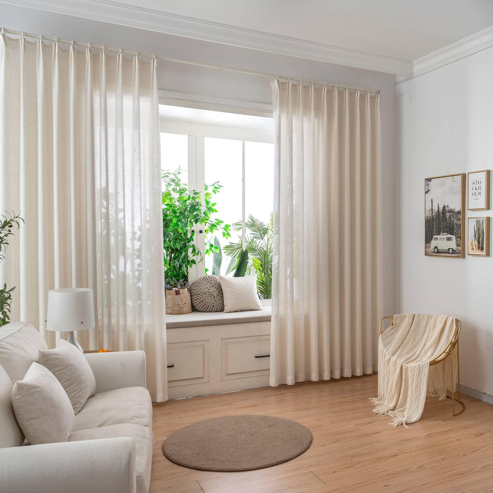 Photo 1 of AIDUOMAER Faux Linen Beige Sheer Curtains 108 Inches Long 2 Panels, 50 Inches Width, Semi-Transparent Hook Curtains, Suitable for Bedroom and Living Room