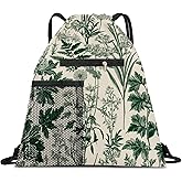 AYBELWG Drawstring Backpack Sports Gym Bag, Large String Swim Bag for Beach With Water Bottle Mesh Pocket, Cute Gym Sack with Zipper Pocket for Men Women Cute Green Floral