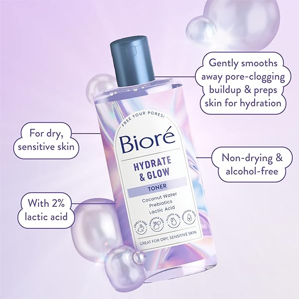 BIORÉ HYDRATE & GLOW 2% LACTIC ACID AND MALIC ACID, ALCOHOL FREE TONER, EXFOLIATING FACE TONER FOR DRY, SENSITIVE SKIN WITH COCONUT WATER, DERMATOLOGIST TESTED, FRAGRANCE FREE, 8 OZ, CLEAR (28119)