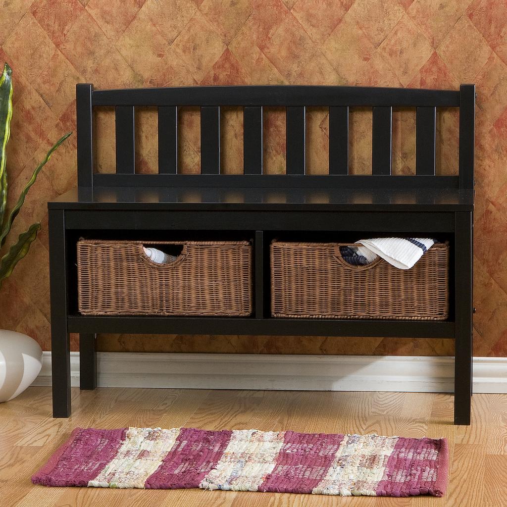 SEI Black Bench with Two Brown Rattan Baskets Storage