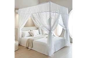 AIKASY 4 Corners Post Ruffle Princess Bed Canopy Curtain - Double Layer Cozy Drape Netting with 4 Openings - Elegant Mosquito Net for Girls and Adults Bedroom Decoration (White,Full)