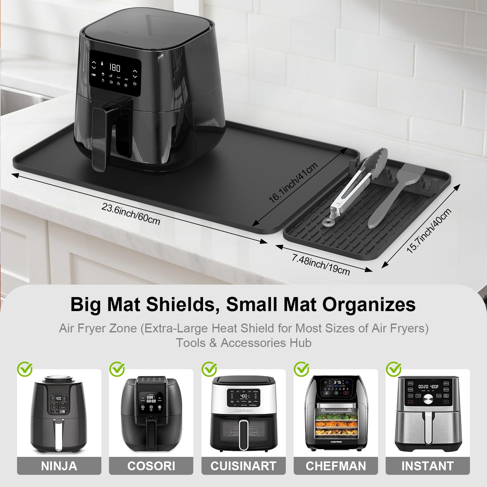 Silicone Heat Resistant Mats for Countertop,24x16 Inch Air Fryer Mat with Kitchen Accessories Holder Pad for Microwave/Oven,Compatible with Ninja/Cosori/Chefman/Toshiba,Kitchen Countertop Protector