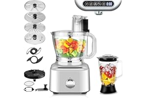 Homtone 16 Cup Food Processor, Aluminum-Diecast Blender and Food Processor Combo, 5 Preset Modes Vegetable Chopper Electric, 8 Blades 11 Functions for Home Use, Stepless Speed Control, 650W, Sliver