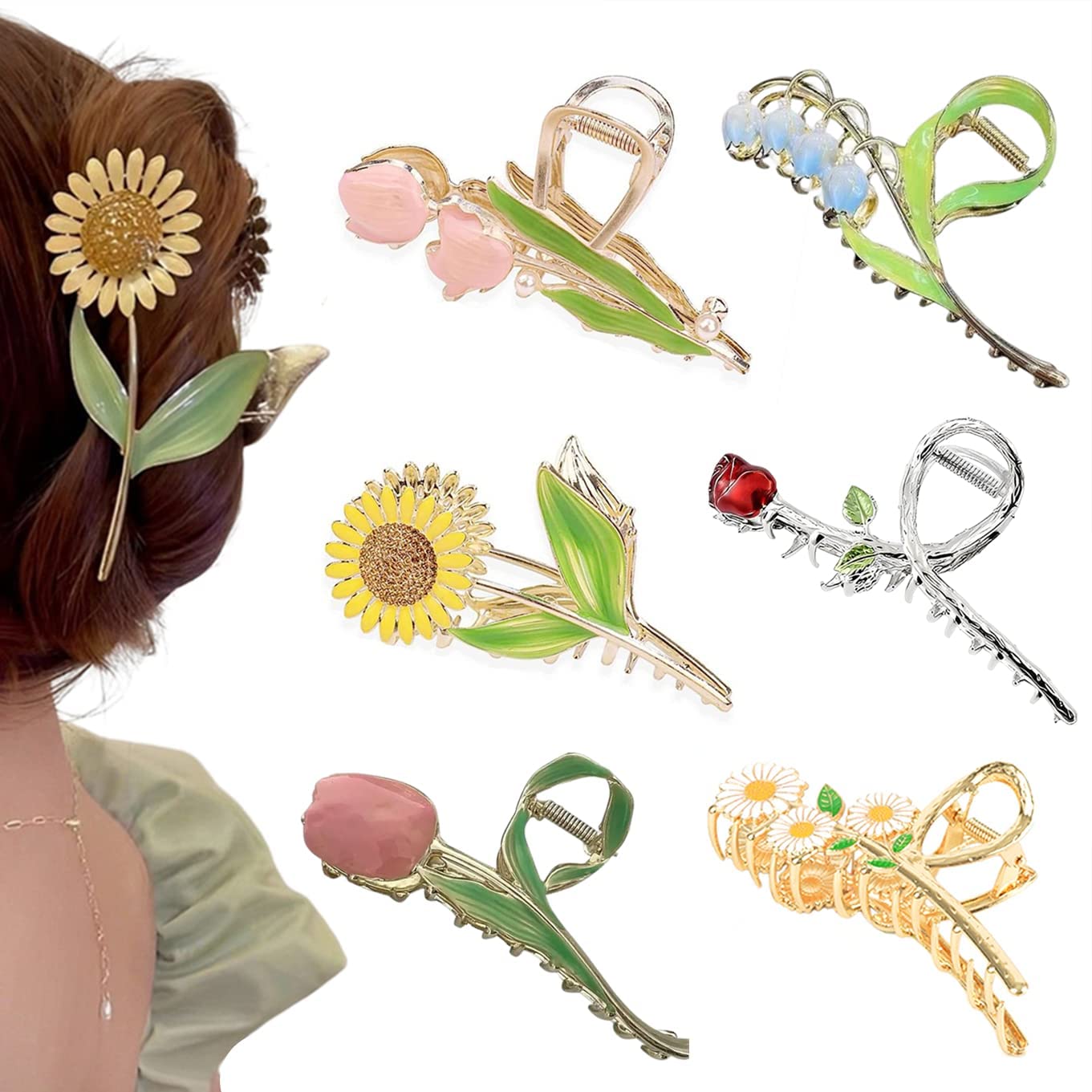 Photo 1 of Flower Metal Hair Claw Clips 6 Pcs Cute Large Tulip NonSlip Hair Barrettes Strong Hold Hair Clamps Fashion Hair Accessories for Woman Girls with Long Thick Thin Curly Hair (A Style)