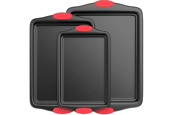 NutriChef 3-Piece Nonstick Kitchen Oven Baking Pans - Premium & Stylish Non-Stick Steel, Commercial Grade Restaurant Quality Metal Bakeware with Red Silicone Handles - Easy to Clean, NCSBS3S