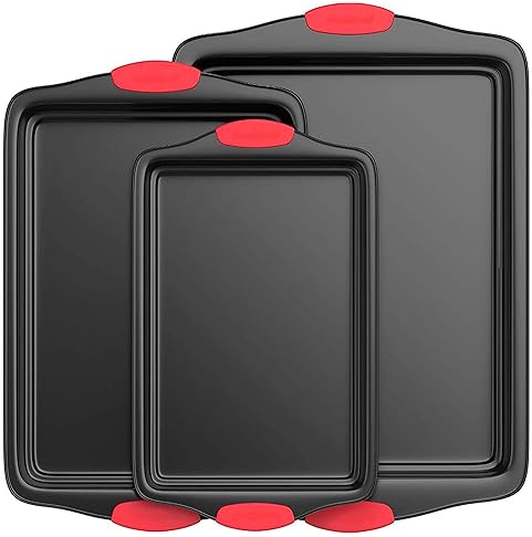 Bakeware - NutriChef 3-Piece Nonstick Kitchen Oven Baking Pans - Premium & Stylish Non-Stick Steel, Commercial Grade Restaurant Quality Metal Bakeware with Red Silicone Handles - Easy to Clean, NCSBS3S