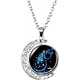 DEQIYIJI Zodiac Necklace Jewelry Birthday Gifts Astrology 12 Constellation Horoscope Sign Galaxy Crescent Half Moon Pendant Necklace