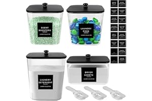 POLRAI 4 Pack Laundry Pod Containers and Dryer Sheet Holder Acrylic Jars with Bamboo Lids and Labels Laundry Room Organization Containers for Scent Booster Powder Detergent Pods Storage