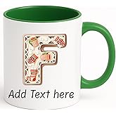 Personalized Christmas Initial Mug – Custom A-Z or 0-9 Monogram, Gingerbread Letter Design, Add Name or Date, 11oz Ceramic Cup, Dishwasher Safe Holiday Gift (Green)