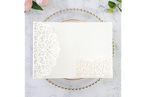 ponatia 5.12 x 7.2 Ivory Laser Cut Wedding Invitations, Trifold Laser Cut Invitation Pockets with Envelopes for Wedding Bridal Shower Engagement Quinceanera Invitations (20PCS No Inner Sheet)