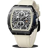 OLEVS Watch Men Casual Luxury Square Large Face Skeleton Multifunctional Chronograph Men's Watches Fashion Silicone Waterproof Mens Watches with Date Moon Phase Analog Wrist Watch Reloj para Hombre