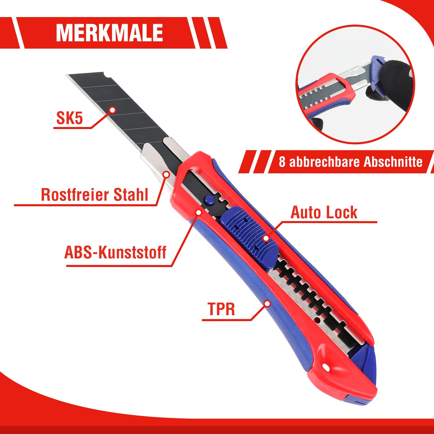 WORKPRO 5 Stück Cuttermesser Set 18mm mit 20 Ersatzklingen aus SK5, Profi Cuttermesser Abbrechklinge Kartonmesser, Mehrzweck Messer Allzweckmesser mit Gummigriff, Schneiden zum Papier, Karton 3
