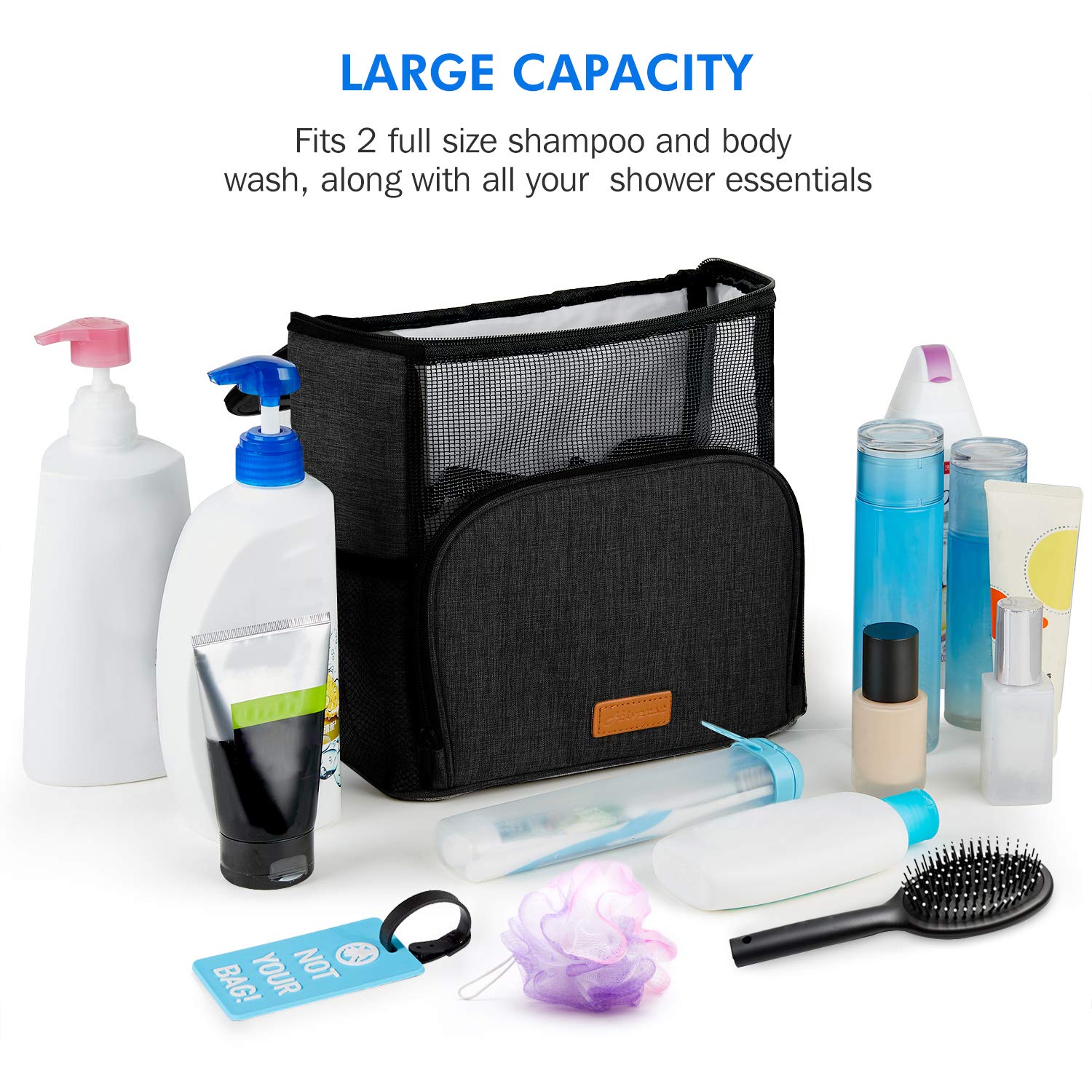 Hiverst Hiverst Hanging Toiletry Bag, Shower Caddy Tote Bag (Updated Version, Full Size Bottle Compatible), Bath Organizer for College Dorms, Gym, Camp, Women Men, with Funny Luggage Tag