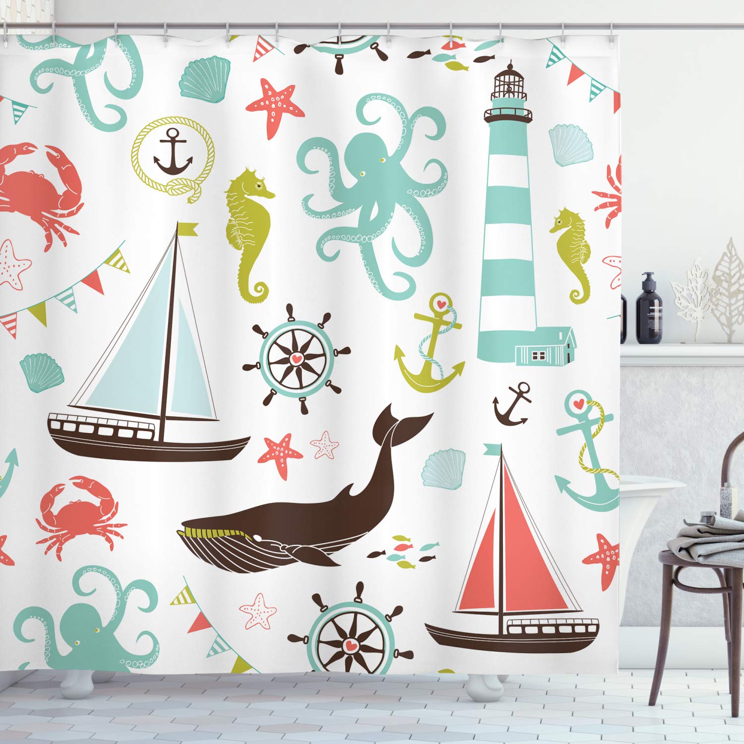 ABAKUHAUS Nautical Shower Curtain, Pastel Colored Composition of Lighthouse Sailboat Fish Shells Octopus and Anchor, Cloth Fabric Bathroom Decor Set with Hooks, 175 x 240 cm, Seafoam Coral Red