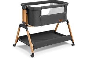 TotRun Bassinet Bedside Sleeper, Rocking Bassinets with Comfy Mattress and Wheels for Newborn, 5-Height Adjustable (Black)