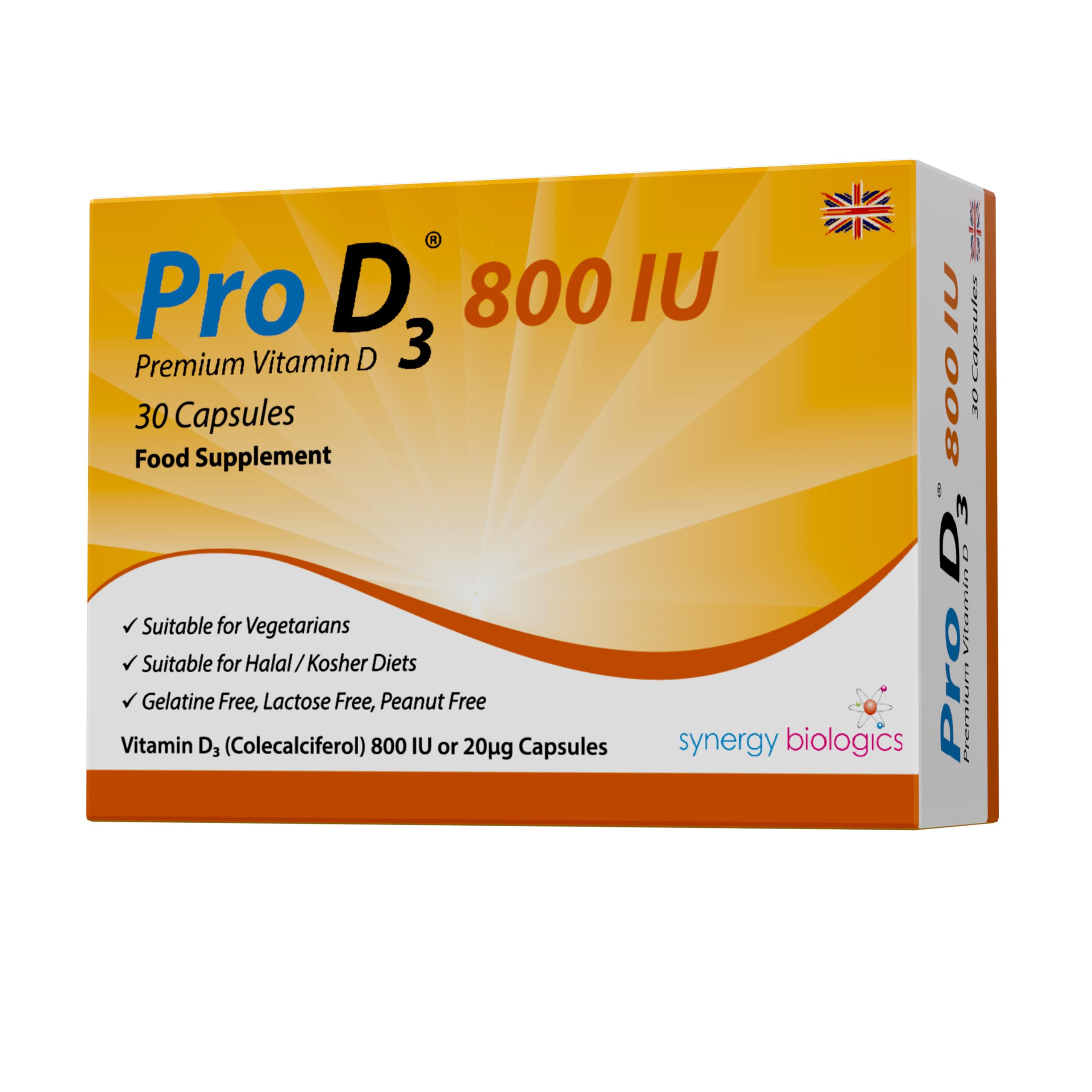 Pro D3 800 IU Capsules | Premium Vitamin D3 | 30 Capsules | Gelatine Free, Lactose Free, Dairy Free, Nut Free | Suitable for Vegetarians, Halal & Kosher Diets | Made in The UK